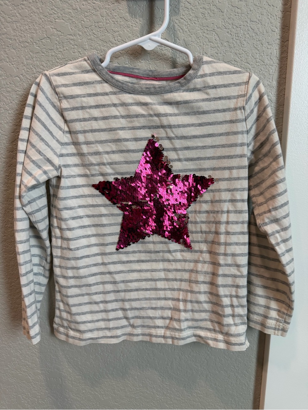 Mini Boden Gray & White Stripe Long-Sleeve Tee with Pink Sequin Star